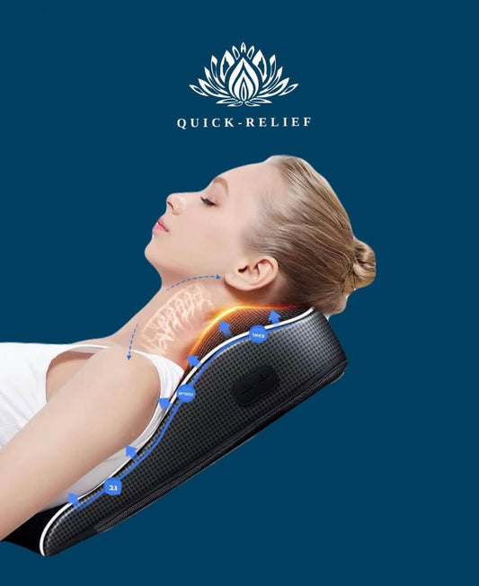 Woman receiving neck massage from a device with 'Quick-Relief' branding on a blue background