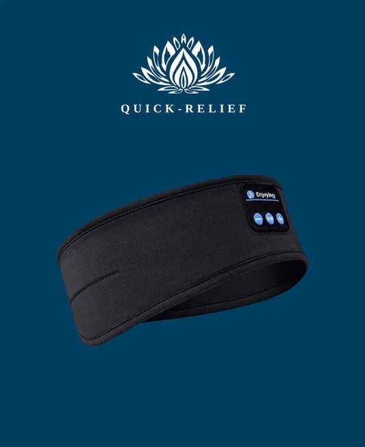 A black Bluetooth-enabled eye mask with control buttons on the side, presented against a blue background with a floral logo in the top left corner, labeled 'Quick-Relief'.