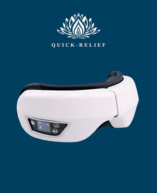 An eye massager device with a white and black color scheme, featuring a display and control buttons.