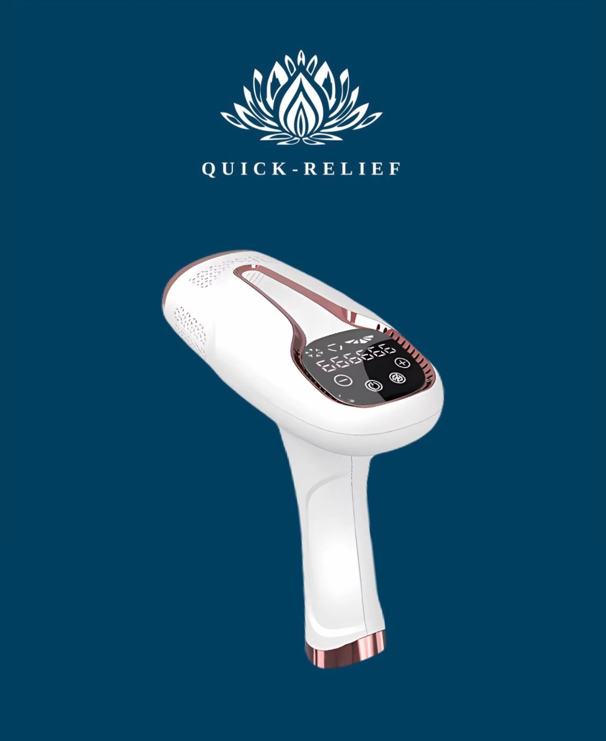 White electronic device with digital display on a blue background, featuring the 'Quick-Relief' brand.