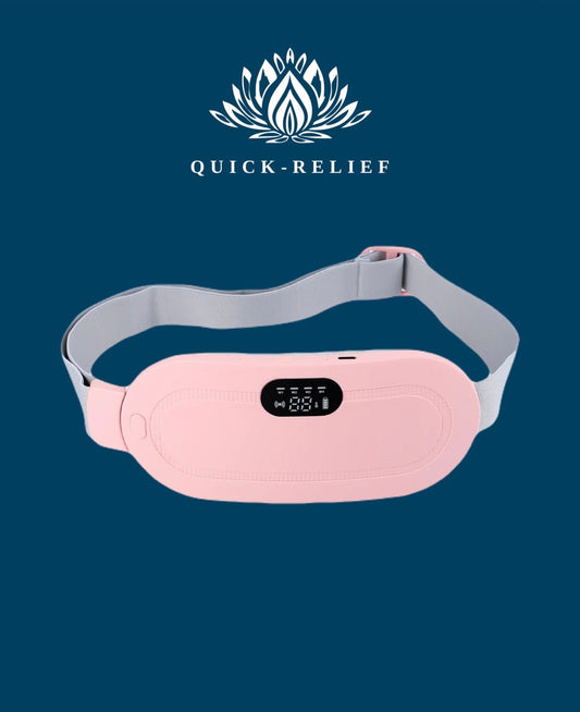 A pink  heating massage belt with a digital display, branded with 'Quick-Relief'.