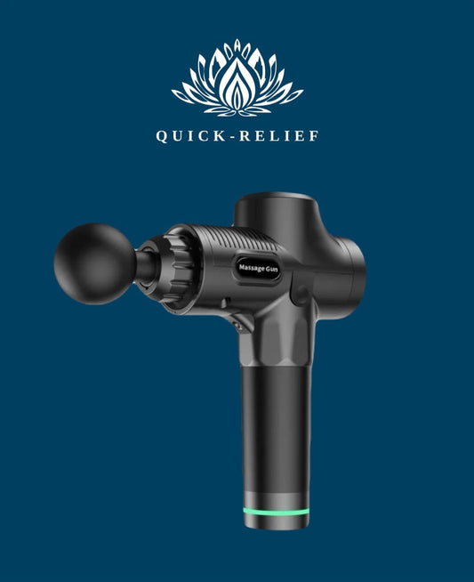 A handheld black massage gun with an LCD touchscreen, branded with 'Quick-Relief'.