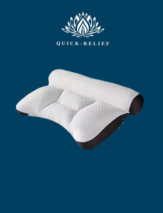 White neck pillow with quilted design on a blue background, featuring the Quick-Relief logo.