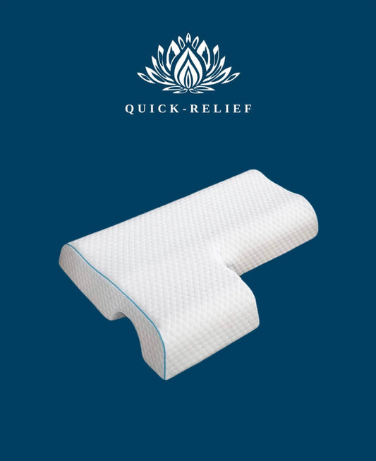 side pillow with 'Quick-Relief' logo on a blue background