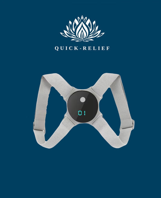 A posture corrector device with a digital display in the center, surrounded by what appears to be a strap or band for supporting the device.